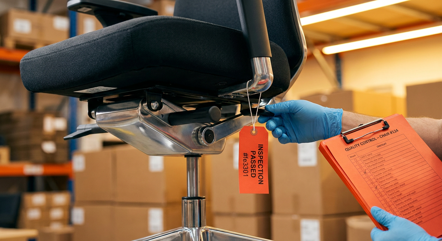 Проверка качества эргономичного офисного кресла на китайской фабрике — осмотр механизма и материалов